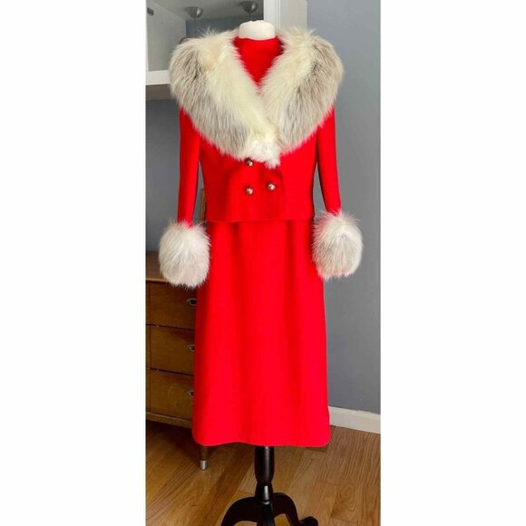 VINTAGE 60's Red Wool Dress & Jacket Suit Huge Fox Fur Trim - Picture 1 of 13